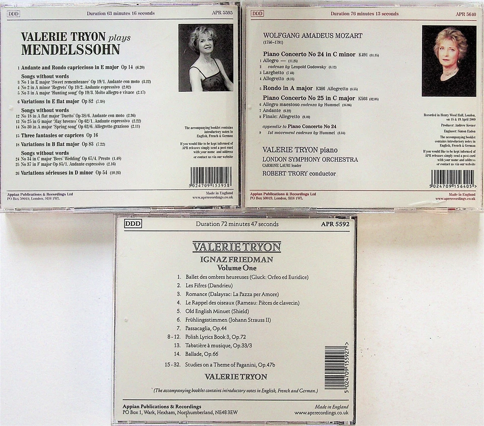 3 x VALERIE TRYON CD Lot - Mozart Piano Concertos/Ignaz Friedman/Mendelssohn CDs - Image 2 of 2