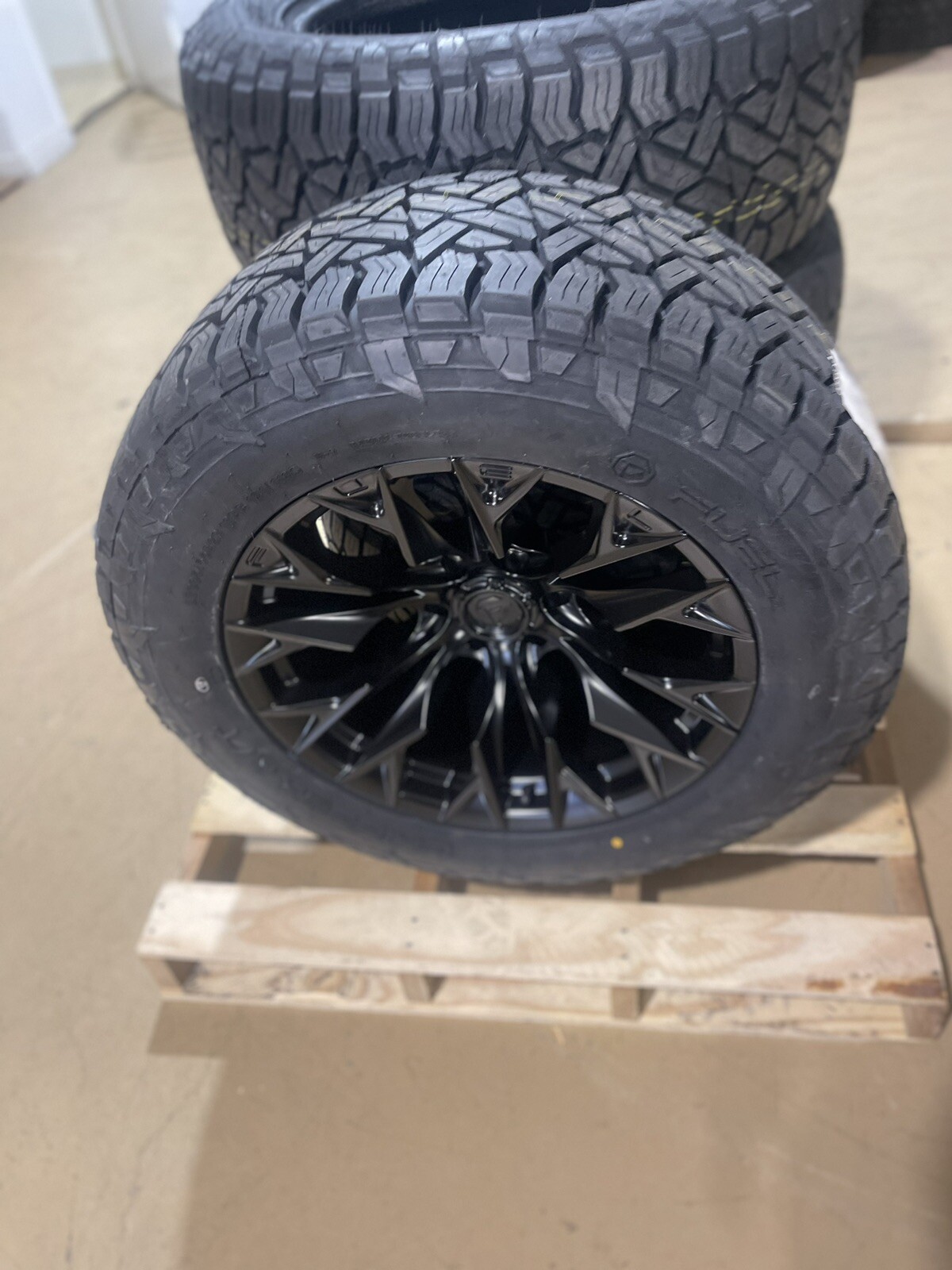 5 20x10 Fuel Flame D804 Black Wheels 33" Fuel AT Tires 5x5 Jeep