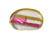 Gold Trim Large Zipper Cosmetic Bag & Purple & Gold Glitter Nail File Set
