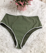 AERIE High Waisted Cheeky Bikini Bottom Sz Lg Light Olive Back Key Hole Beach