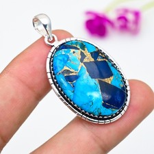 Blue Copper Turquoise Gemstone Pendant 925 Sterling Silver Handmade Jewelry Gift