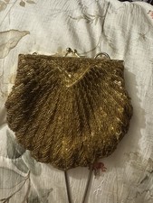 Vintage Gold Beaded Clamshell Clutch Evening Bag Cocktail Purse Art Deco Look