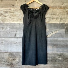 Rebecca Taylor Wool Blend Sheath Dress 8 Dark Grey Ruffle V-Neck Office Tailored