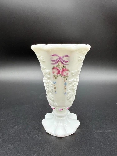 Vintage Westmoreland Paneled Grape Milk Glass Vase Hand Painted Roses and Bows