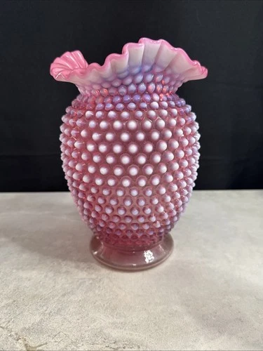 Fenton Cranberry Opalescent Vintage Hobnail 8" Double Crimped Vase 1940's Gd3