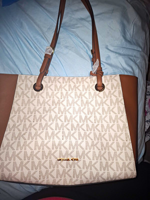 Michael Kors Large Logo Tote Bag Beige/Brown Zip Detachable Strap Gold