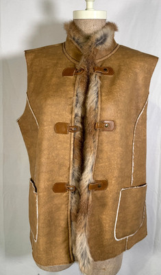 Hucke Germany Faux Brown Suede White Shearling Genuine Fur Trim Vest Sz 14