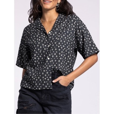 Thread & Supply Floral Button Front Shirt Womens Large Black Short Sleeve Top