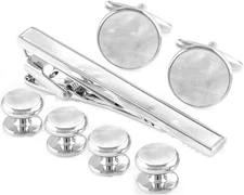 Mother of Pearl Cufflinks & Tie Clip Bar & Studs Tuxedo Set in Presentation G...
