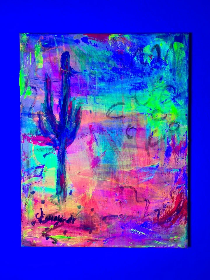 Arte assinada em tela GUAJARDO expressionismo original neon cacto alto 14X11 - Imagem 3 de 4