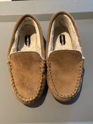 Youth Lands' End Leather Suede Moccasin Slippers Size