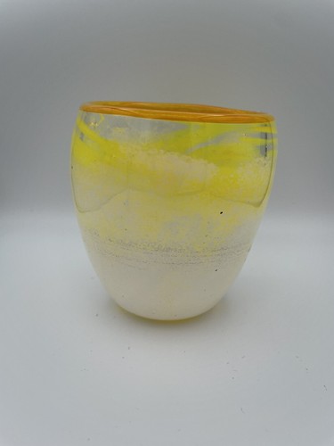 Yellow White Swirl Speckled Abstract Heavy Hand Blown Art Glass Bowl Vase 5”
