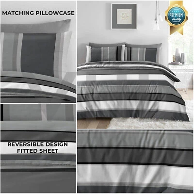 GAVENO CAVAILIA Grey Complete 4 Piece Duvet Cover Stripe Bedding Set & Matching Fitted Bed Sheet