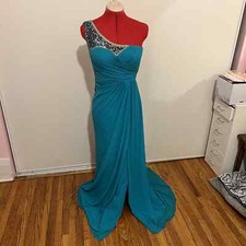 One shoulder teal sequins evening dress