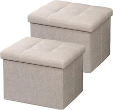 2PC STORAGE OTTOMAN FOOT REST STOOL 17 INCH LINEN FOOTSTOOL BENCH SHORT OTTOMAN 