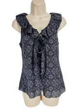 BANANA REPUBLIC Gray Floral Button Up Ruffle Blouse Women Petite XS 100 Silk
