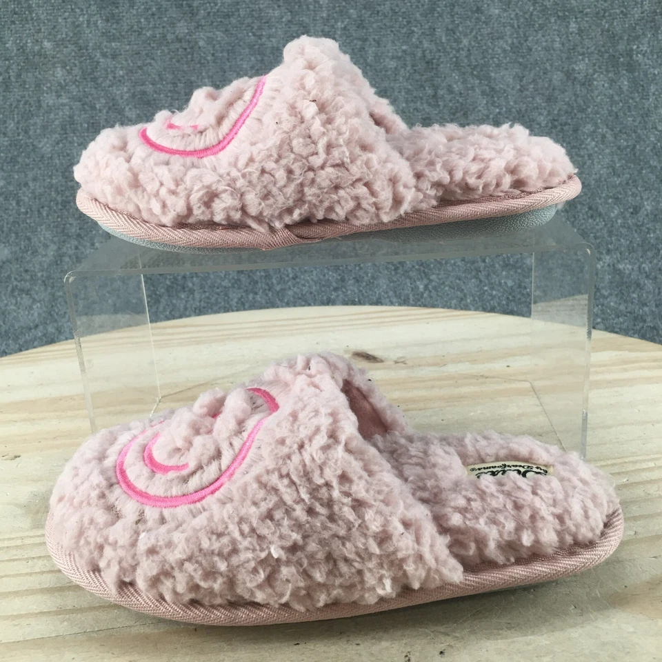 Dluxe by Dearfoams Slippers Youth 13 Mules Pink Faux Fur Comfort Happy Face - Image 2 of 4