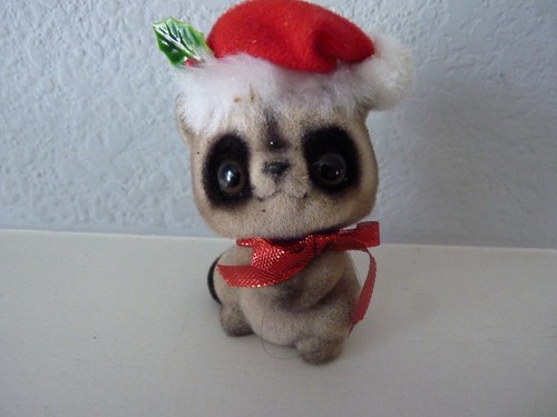 Vintage Fuzzy Flocked Chistmas Holiday RACOON Figurine AAF Japan 4"