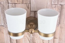 Antique Brass Wall Mounted Bathroom Toothbrush Holder With Double Ceramics Cups