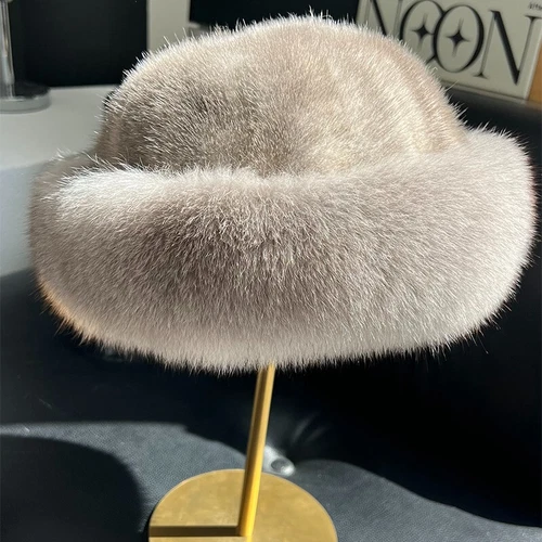 Women's Real Mink Fur Hat Bucket Hat Bowler Hat Warm Cap W Fox Fur Outdoor - Picture 18 of 44