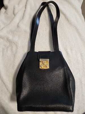 Vintage Victor Hugo Black Textured Leather Handbag With Gold Lock Made In Brazil