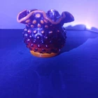 Vtg Fenton Red/Amberina Glass Vase  Hobnail Ruffled Edges 3" Tall