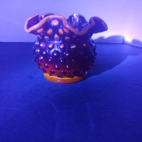 Vtg Fenton Red/Amberina Glass Vase  Hobnail Ruffled Edges 3" Tall