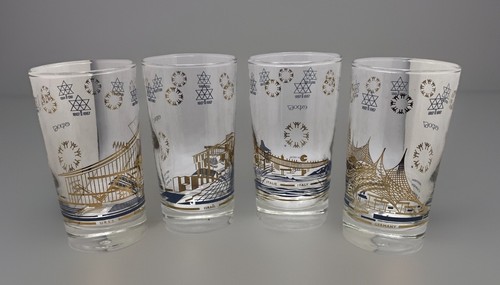 Vintage Four Expo 67 Souvenir Drinking Barware Glasses Israel,Germ,USSR,Italy