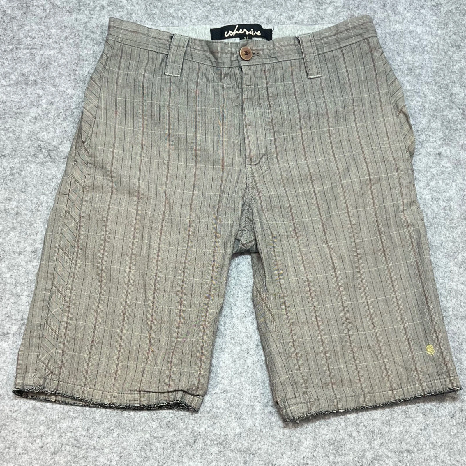Cohesive Men Plaid Shorts Gray Tan Pinstripe Raw Hem Polka Dot Lining Size 31
