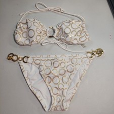 Victoria  s Secret Bikini Set White w Gold circles  Chain  L Top / M Bottom