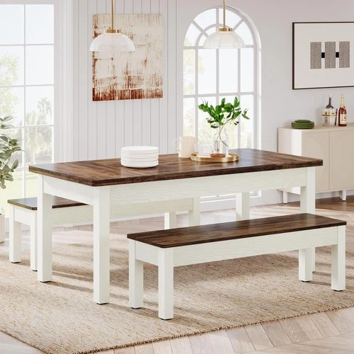 Farmhouse Dining Table Set, 55'' Wood Kitchen Table with 2 Benches for 4-6