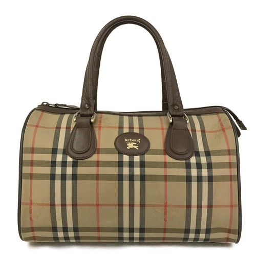 Burberrys Horse Logo Check Canvas Boston Hand Bag Beige/2BG4904