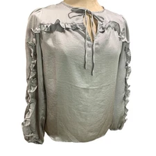 XXSP Loft Petites Womens Gray Satiny Pullover Blouse Ruffle Detail