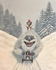 Whimsical Boston Terrier & Abominable Snowman Christmas  Painting Print 11 x 14