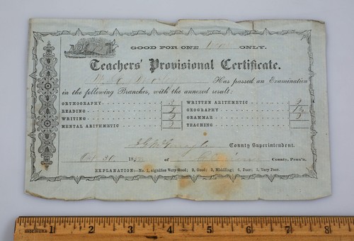 Antique 1858 Provisional 1 Year Teaching Certificate Clarion County Pennsylvania