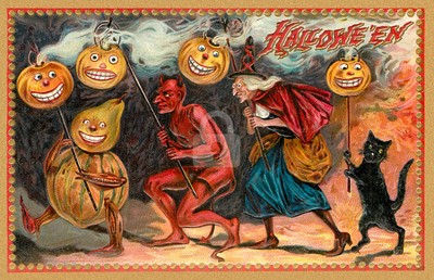 Halloween, Devl and Witch Parade Vintage Reproduction Postcard