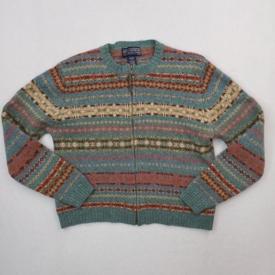 Newton Trading Sweater Womens M Green Wool Fair Isle Geometric Nordic Cardigan