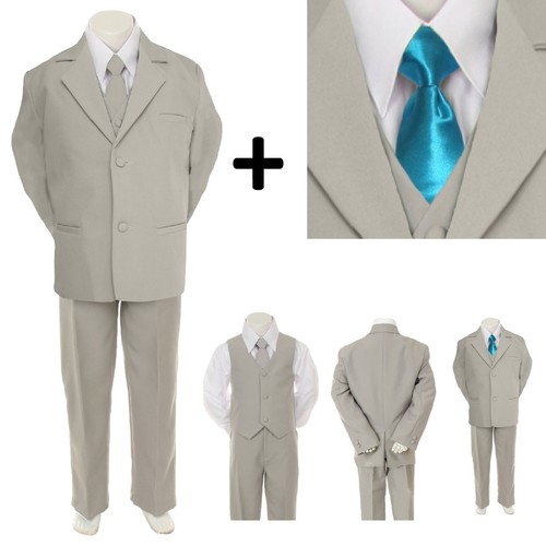 New 6pc Extra Neck Tie + Boy Infant Toddler Light Gray Formal Suit Tuxedo S-12 - Picture 32 of 37