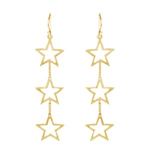 Authentic Triple Retro Open Star Link Dangle Earring 14K Yellow Gold Plated Silver