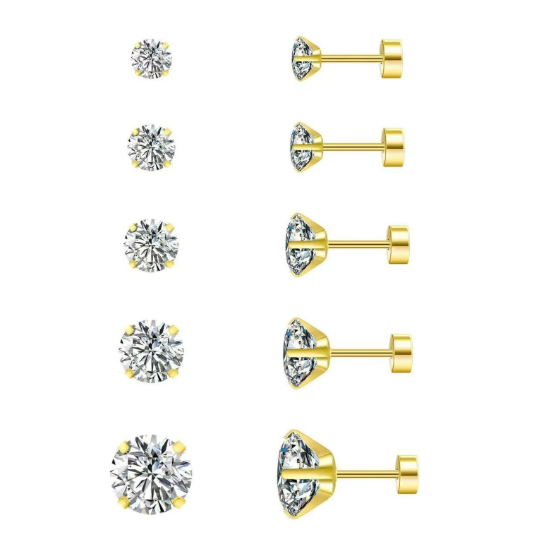 Hypoallergenic Gold-tone Stainless Steel Round CZ Stud Earrings Screw Back PE31