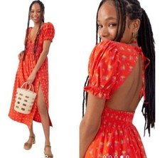 Urban Outfitters Liliana Milkmaid Midi Dress Medium Orange Smoked Waist Open Bac