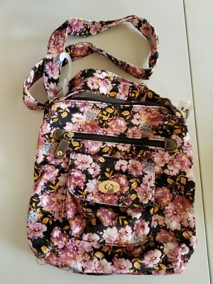 Time and Tru Naomi Crossbody Black Floral Plum Purse Shoulder Bag