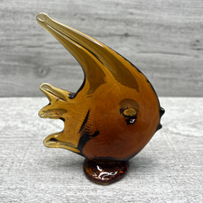 Art Glass Angel Fish Paperweight Figurine Hand Blown Decorative Brown 5"