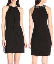 Xscape Black Ity w/Chiffon Drape Ruffle & Bead Neck Halter Shift Dress - $189
