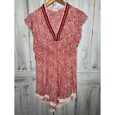 POUPETTE ST BARTH RED FLORAL CROCHET SASHA PLEATED FLUTTER SLEEVE MINI DRESS XS