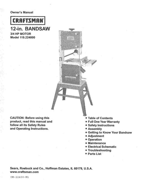 Craftsman 119.224000 Band Saw Owners Instruction Manual eBay