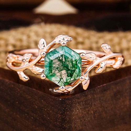Leaf Twig Ring Round Moss Agate 925 Sterling Silver All Size Ring Women's - Picture 4 of 10