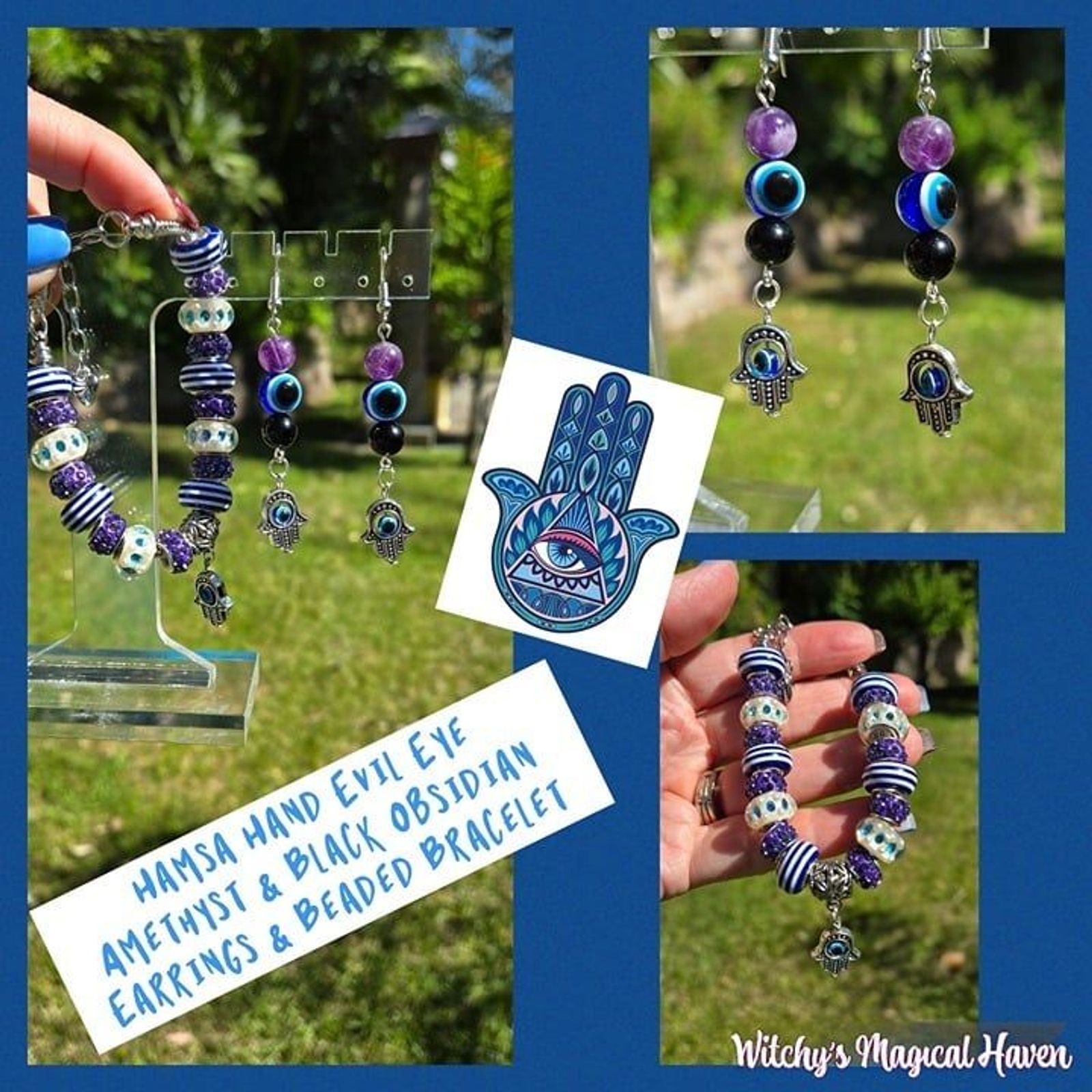 Hamsa Hand Evil Eye Gemstone Protection Charm Earrings & Bracelet Set