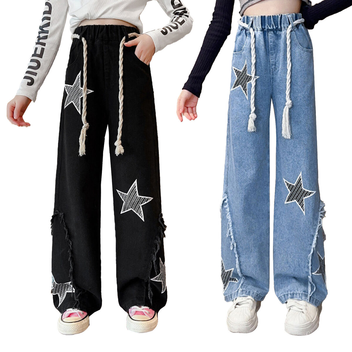 Girls Star Printed Denim Pants Drawstring Straight Wide Leg Girls Star Printed Denim Pants Drawstring Straight Wide Leg