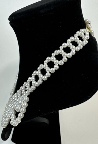 Vintage Faux Pearl Collar Necklace RBG Ivory Seed Beaded Lace Bib Necklace~19” - Picture 6 of 10